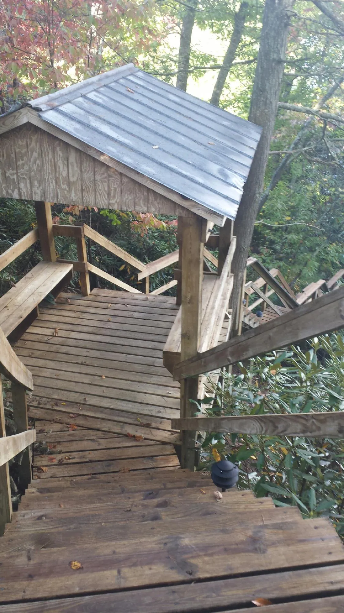 Metal roofed shelter over wooden steps on a wooded walkway — Skylight Repair & Installation work by our crew in South Rockwood